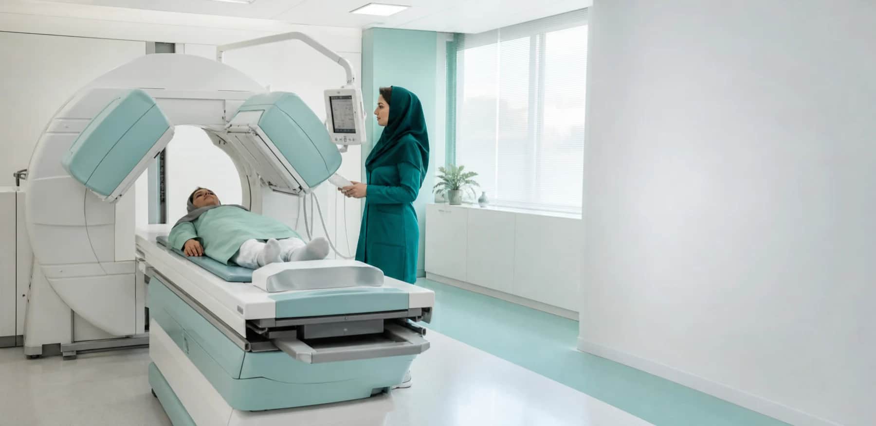 بیمار و کارشناس پزشکی هستهای در کنار دستگاه گاماکمرا