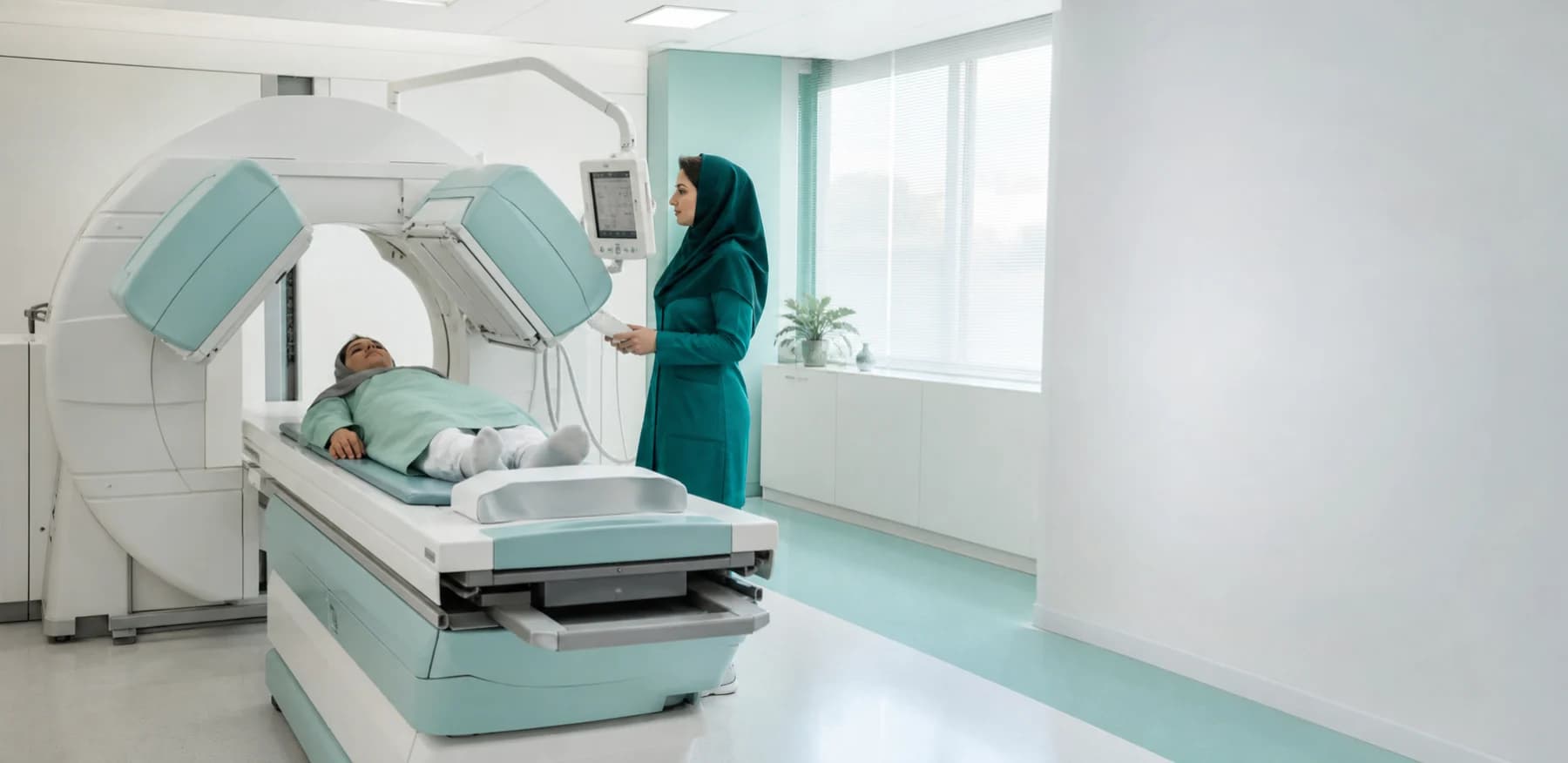 بیمار و کارشناس پزشکی هستهای در کنار دستگاه گاماکمرا